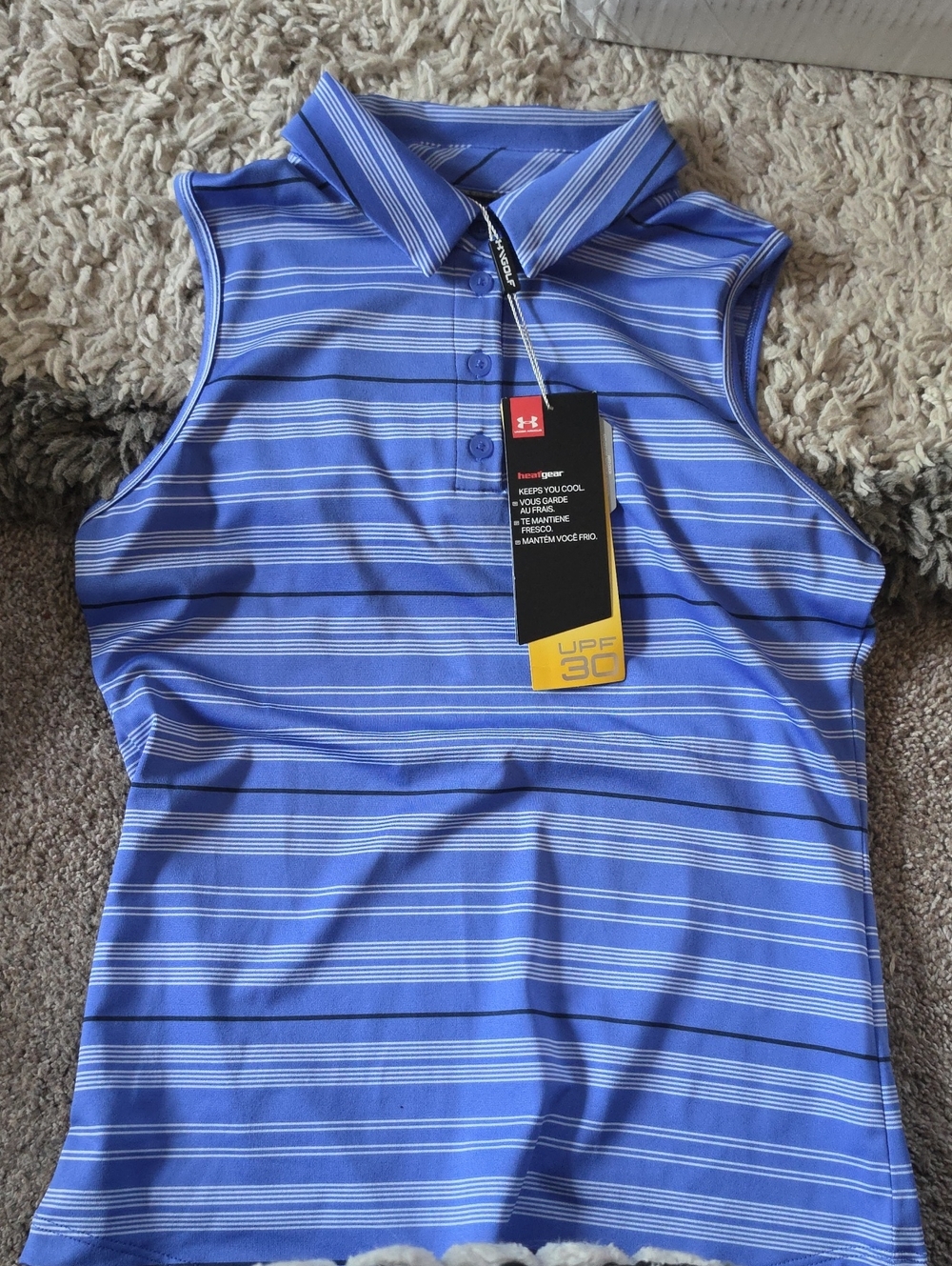 NWT Under Armour Youth Med Blue Striped Sleeveless Polo Girls